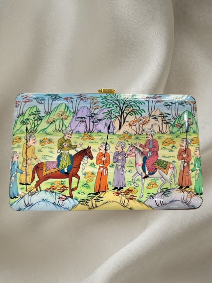 Hand Painted Luxury bags, Clutches with hand painted paper mache art, Papier mache clutches from Kashmir, Boho Handbags for women