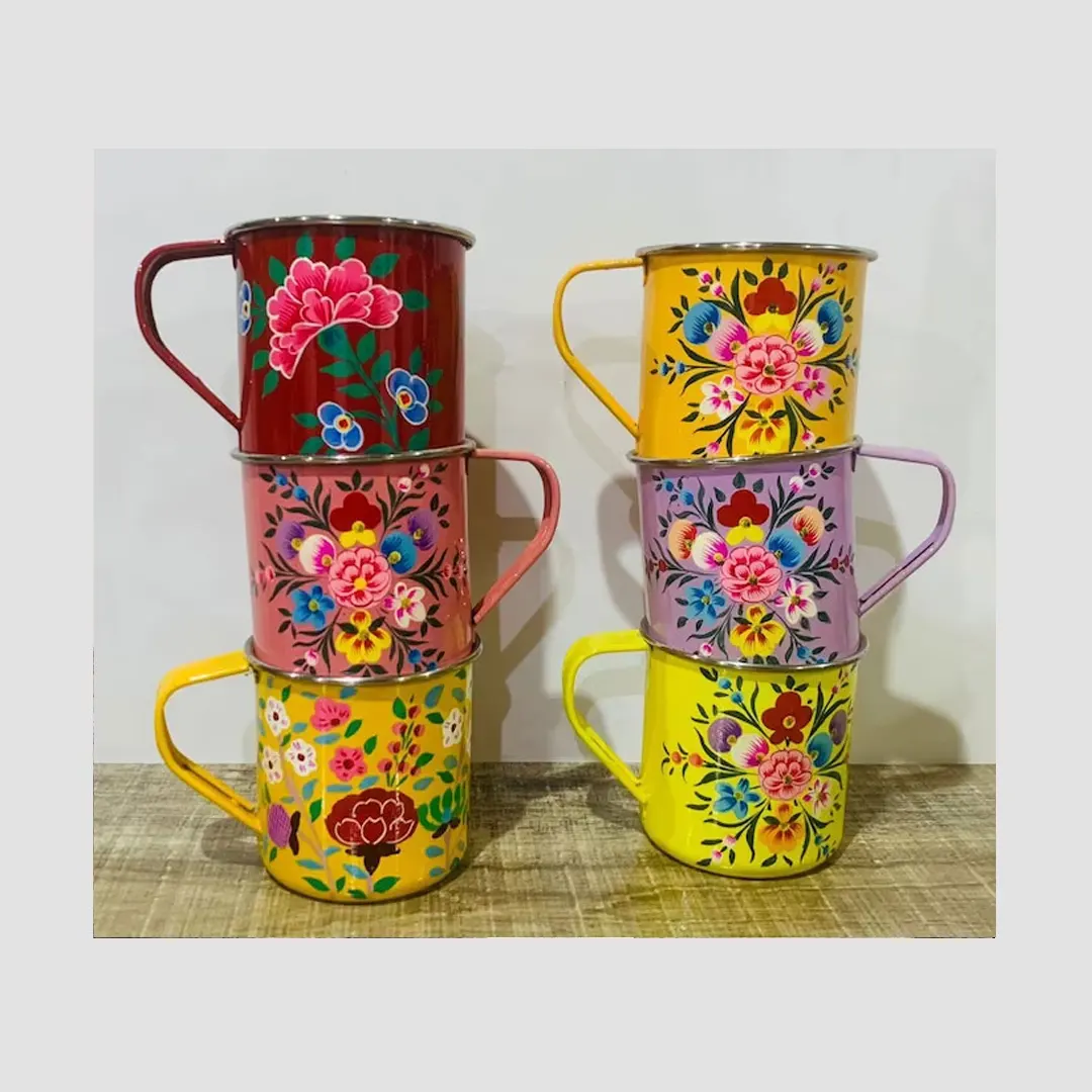 Hand Painted Stainless Steel Mugs and Enamelware Utensils from Kashmir India