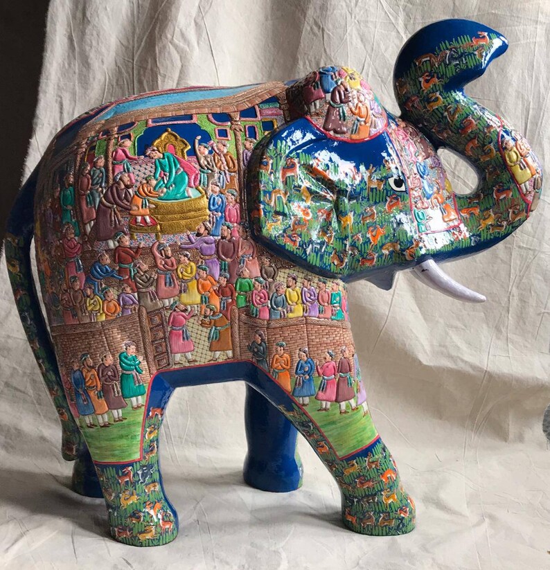 Handmade Elephant Sculpture, 56 cm, Paper Mache Elephant hand painted Mughal Design, Kashmiri Paper Mache, Antique Elephant Statue for decor
