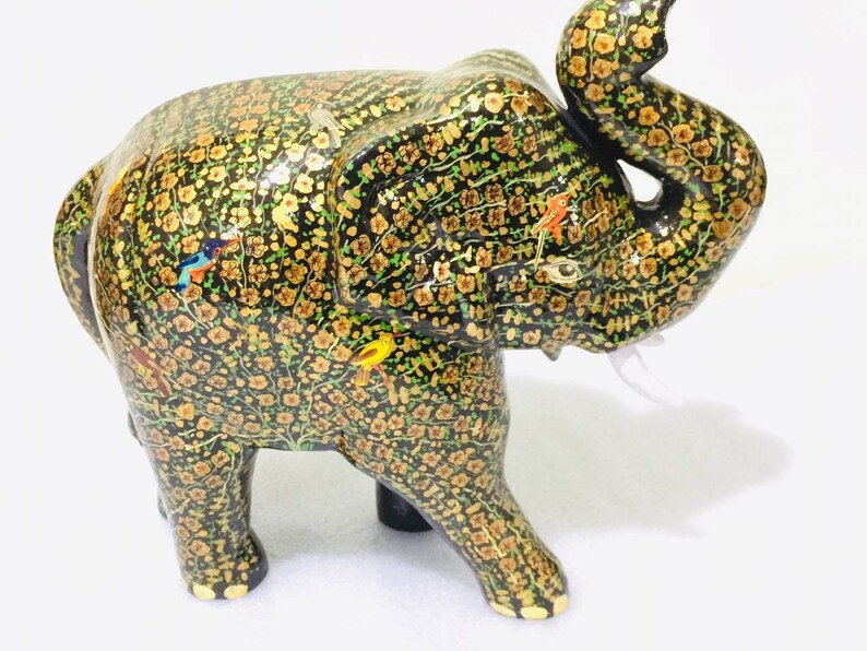 Paper mache elephant sculpture hand painted,trunk up elephant statue,vintage paper mache animal sculpture from Kashmir embosed floral design