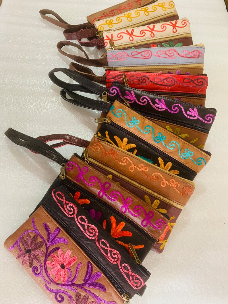 Suede Handbags | Set of 6 Pouches | Handmade boho style leather pouch, crewel embroidery pouch,Ethnic Vintage Style Hobo Boho pouch, jewellery pouches