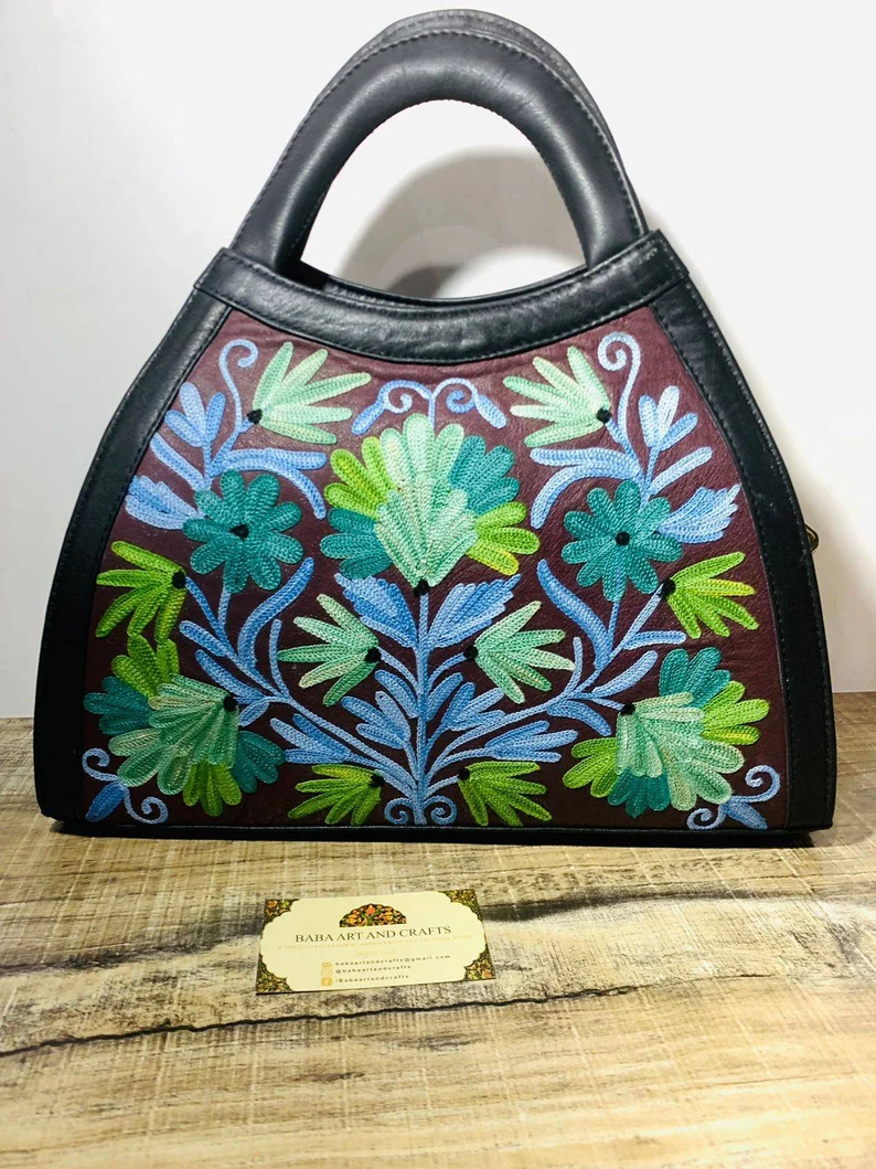 Kashmiri handbags,hand embroided hand bags for women,handmade tote bags,suede leather bags,handmade shoulder bags