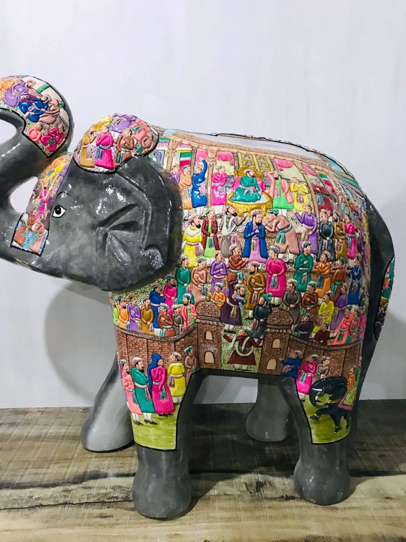 Handmade Elephant Statue, Hand painted elephant sculpture, Indian rlephant statue.Paper Mache elephant handpainted in mughal darbar design