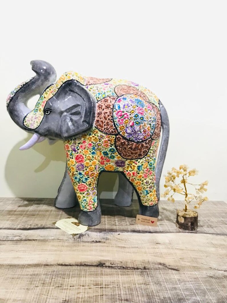 Hand painted Trunk Up Elephant ,Paper Mache Elephant Sculpture from Kashmir