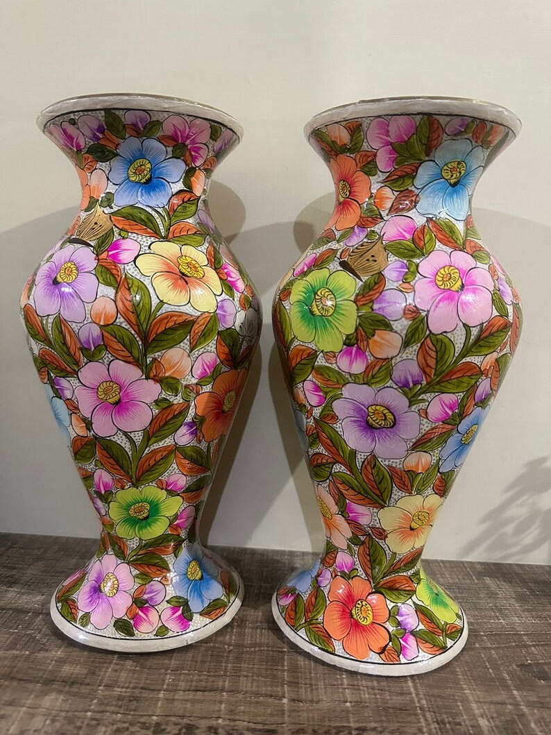 Hand Painted Brass Vase, Antique flower Vase, Paper Mache Flower Vase, Boho flower vase