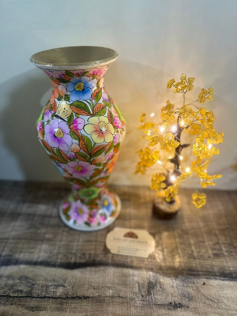 Hand Painted Brass Vase, Antique flower Vase, Paper Mache Flower Vase, Boho flower vase